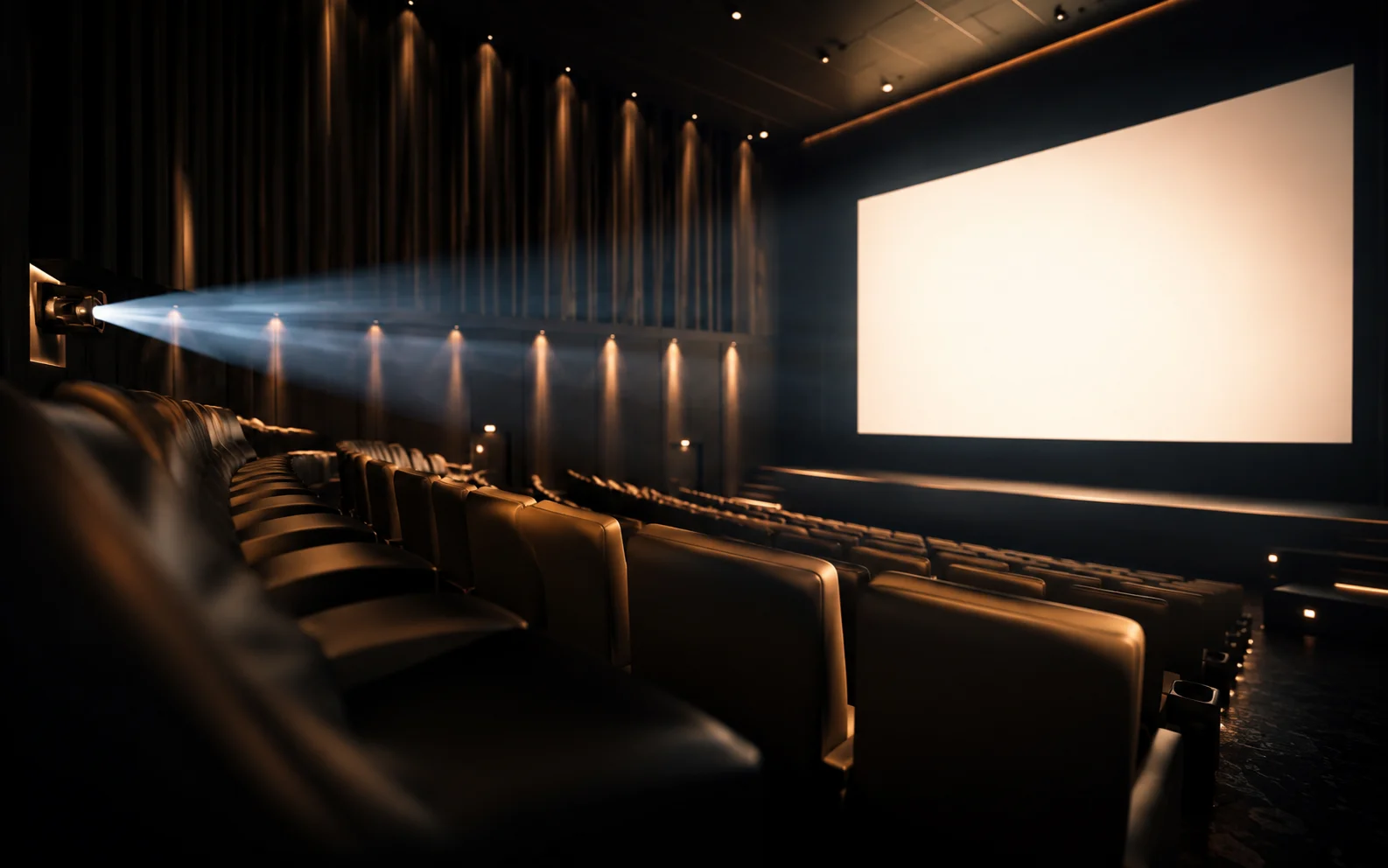 Sala cinematografica elegante con grande schermo: pubblicità al cinema
