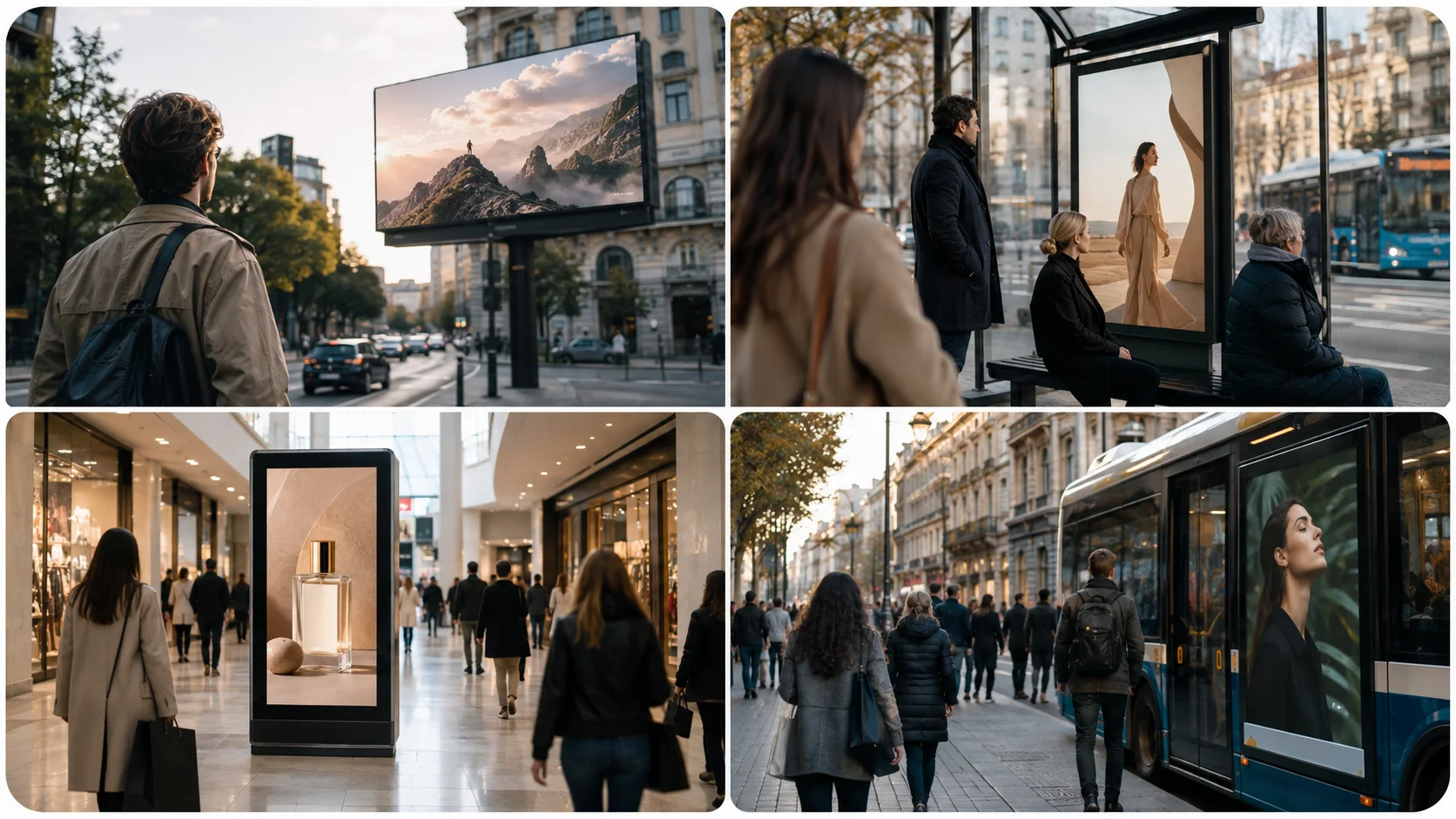 Collage di formati pubblicitari Out of Home tra maxi impianti, pensiline, centri commerciali e autobus