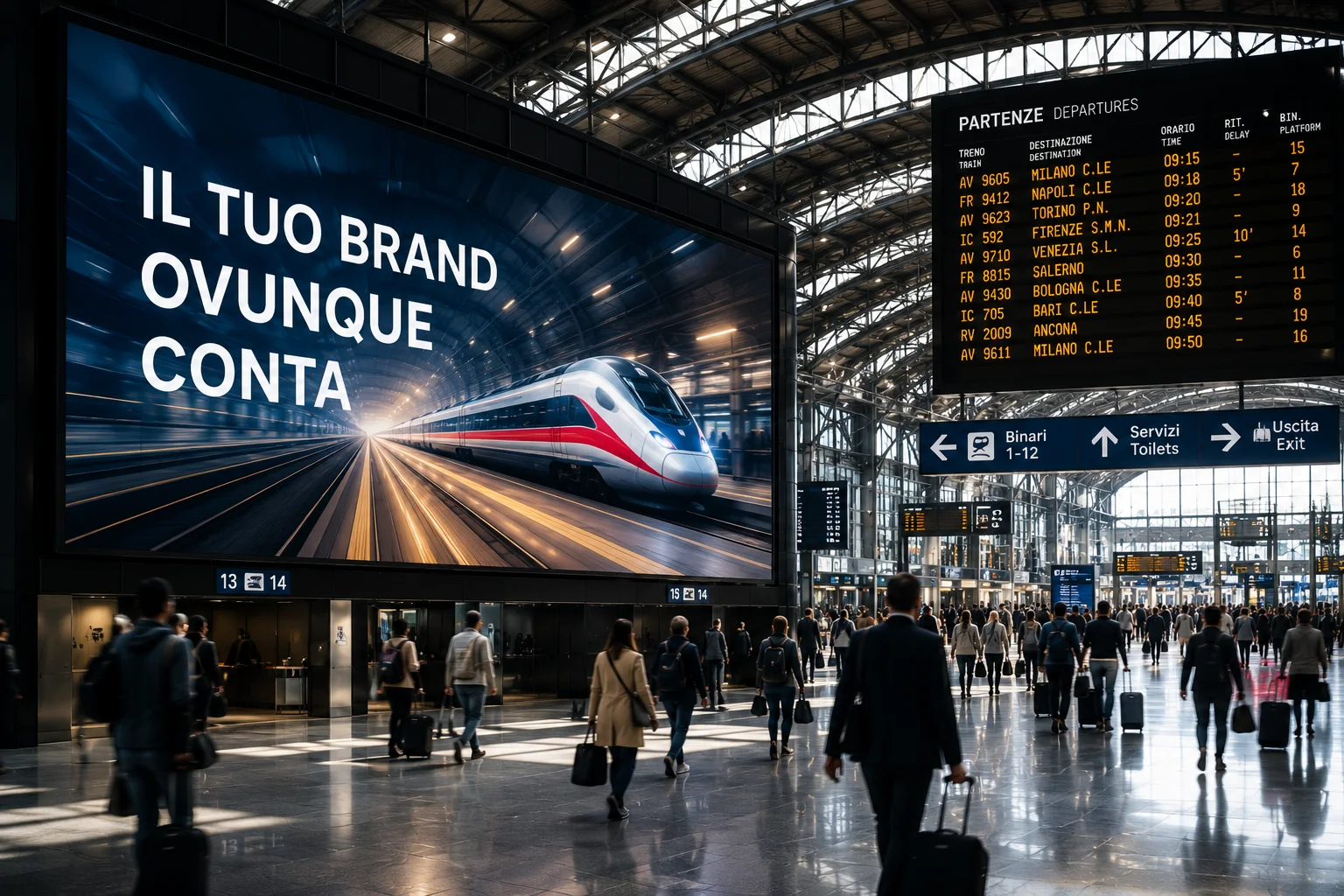 Impianti pubblicitari in una grande stazione ferroviaria: pubblicità stazioni ferroviarie