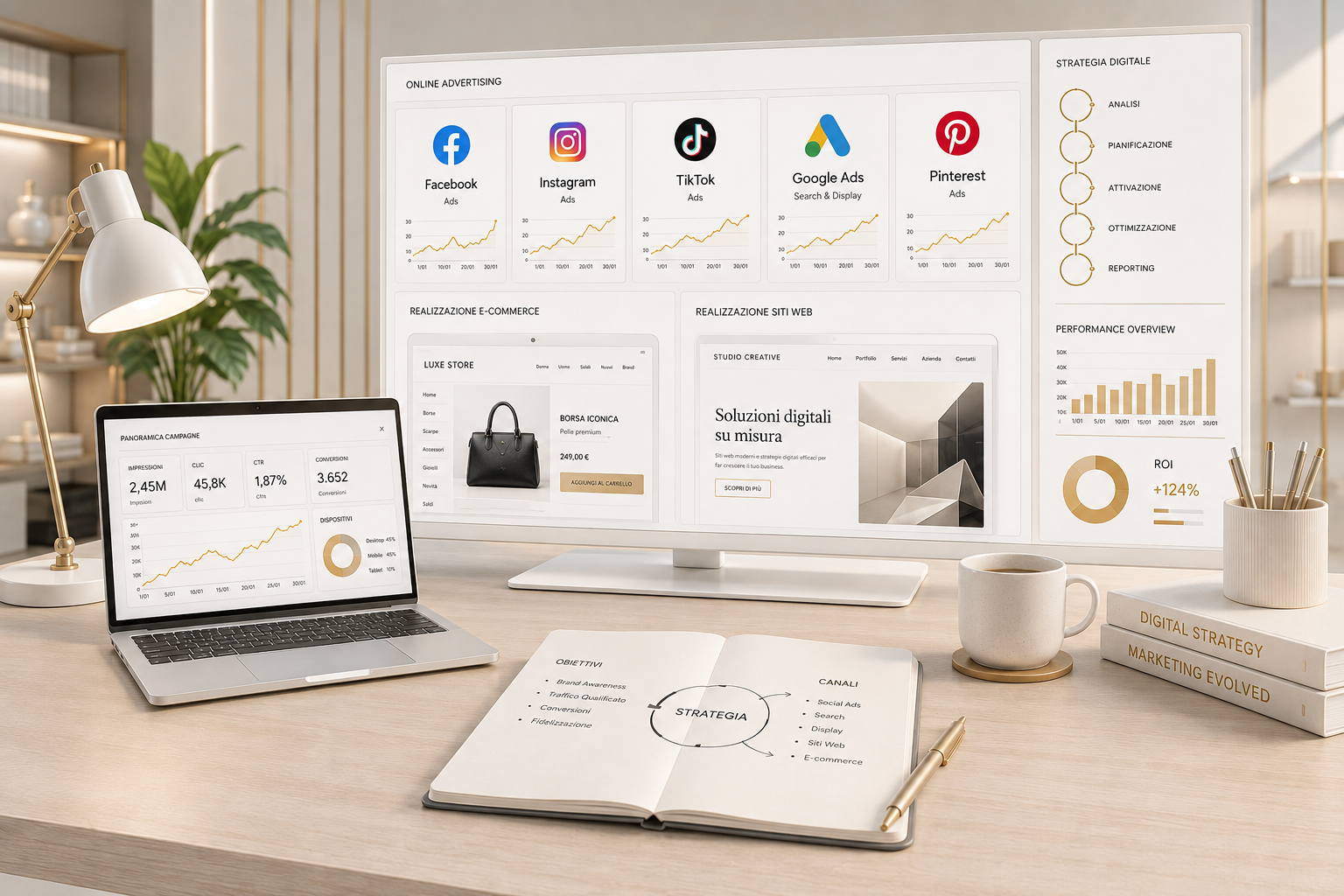 Laptop e smartphone con dashboard pubblicitarie: pubblicità online