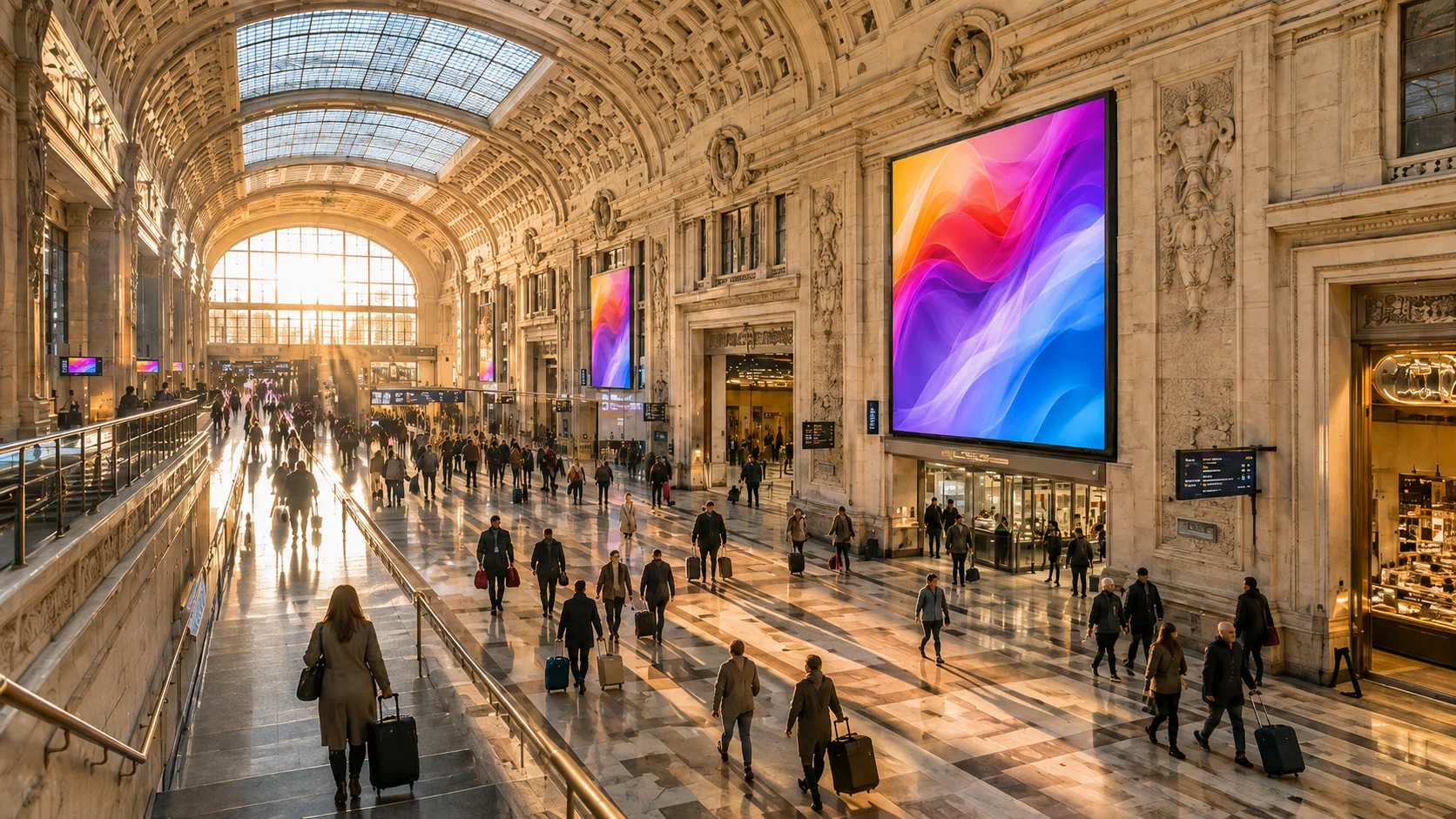 Ledwall pubblicitari nelle aree di passaggio di una grande stazione ferroviaria